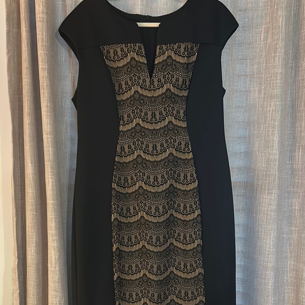 Connected Apparel Black Dress with Gold Lace Detail
